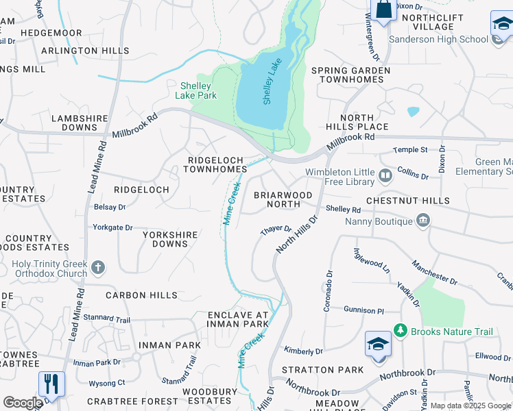 map of restaurants, bars, coffee shops, grocery stores, and more near 1529 Shadowood Lane in Raleigh