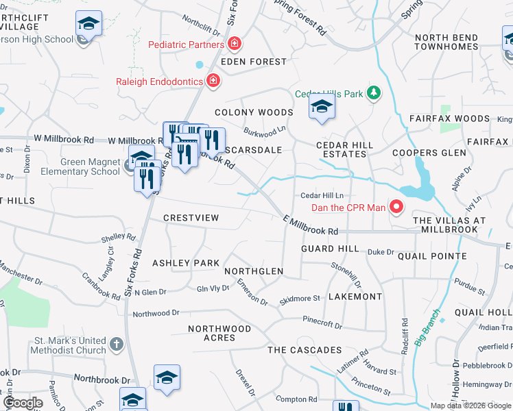 map of restaurants, bars, coffee shops, grocery stores, and more near 301 Windel Drive in Raleigh