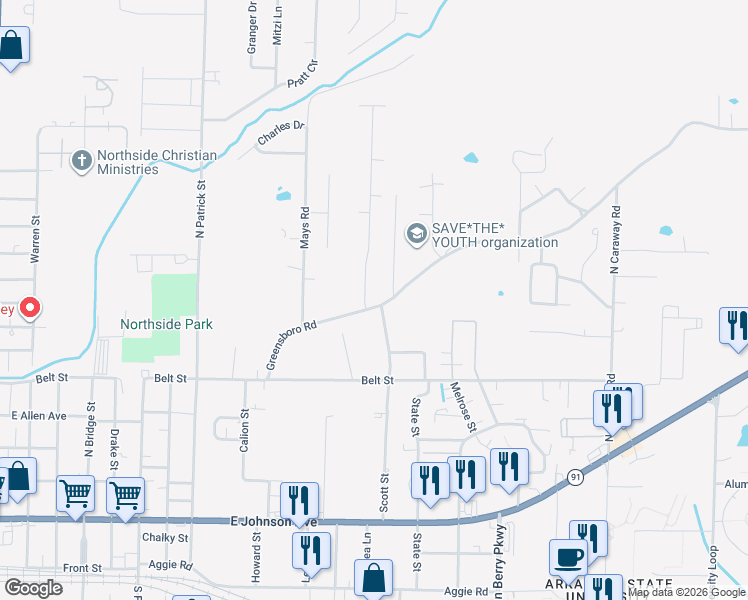 map of restaurants, bars, coffee shops, grocery stores, and more near 1600 Greensboro Road in Jonesboro