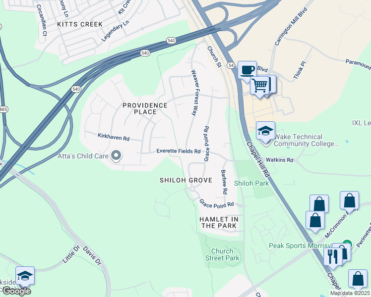 map of restaurants, bars, coffee shops, grocery stores, and more near 1901 Weaver Forest Way in Morrisville