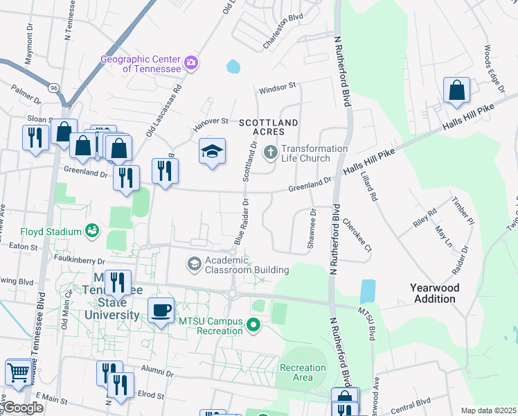 map of restaurants, bars, coffee shops, grocery stores, and more near 811 Greenbrier Drive in Murfreesboro