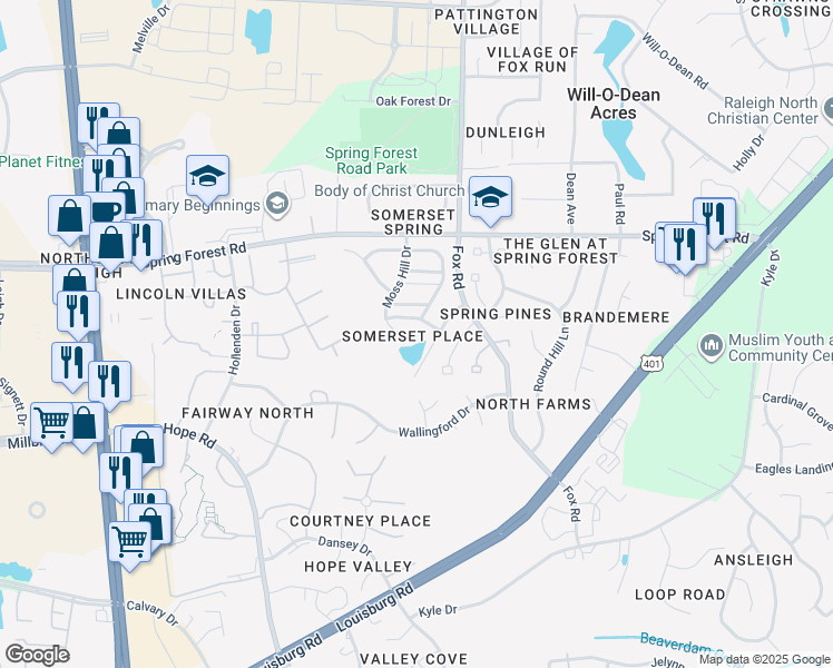 map of restaurants, bars, coffee shops, grocery stores, and more near 5101 Moss Hill Drive in Raleigh
