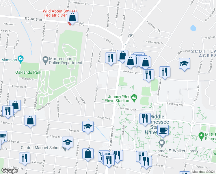 map of restaurants, bars, coffee shops, grocery stores, and more near 1103 Division Street in Murfreesboro