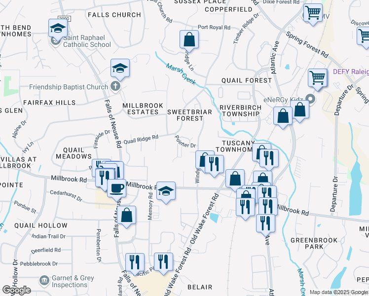 map of restaurants, bars, coffee shops, grocery stores, and more near 5805 Pointer Drive in Raleigh