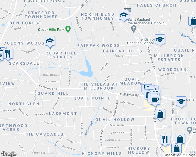 map of restaurants, bars, coffee shops, grocery stores, and more near 5309 Alpine Drive in Raleigh