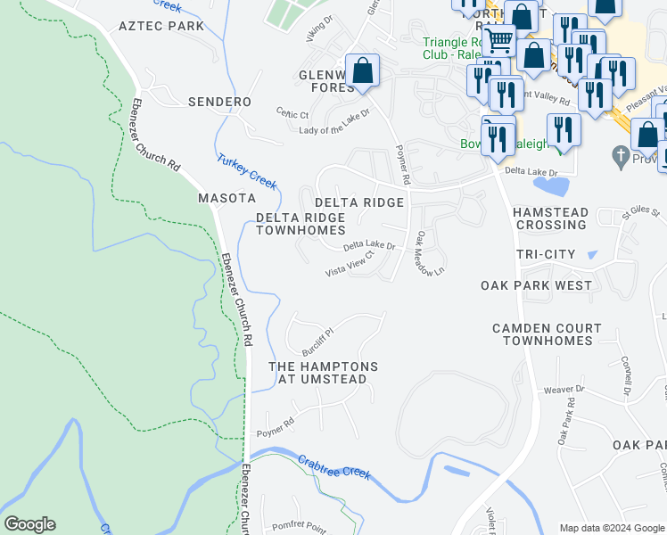 map of restaurants, bars, coffee shops, grocery stores, and more near 5425 Vista View Court in Raleigh