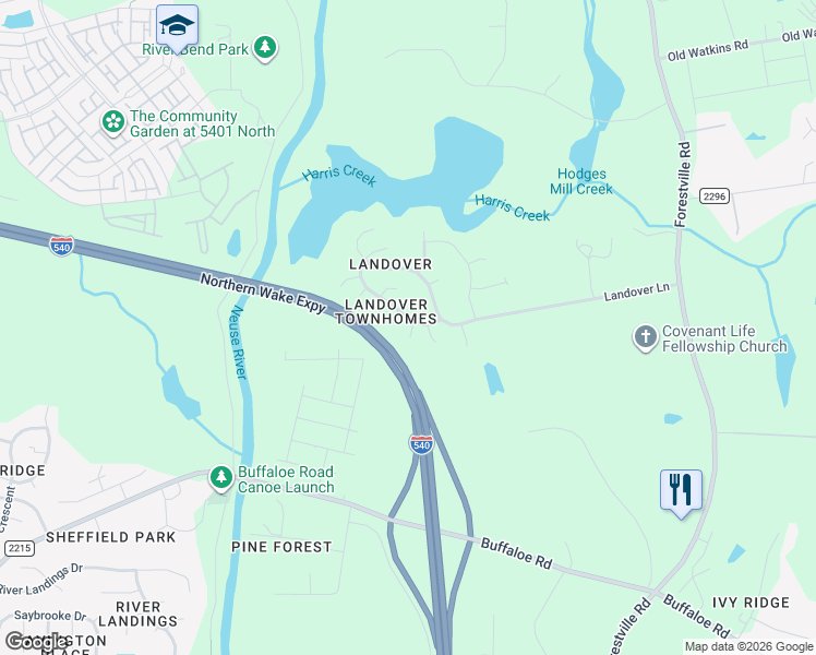 map of restaurants, bars, coffee shops, grocery stores, and more near 4806 Landover Arbor Place in Raleigh