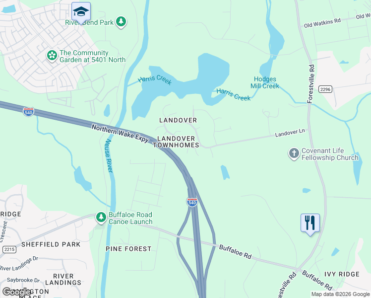 map of restaurants, bars, coffee shops, grocery stores, and more near 4806 Landover Arbor Place in Raleigh