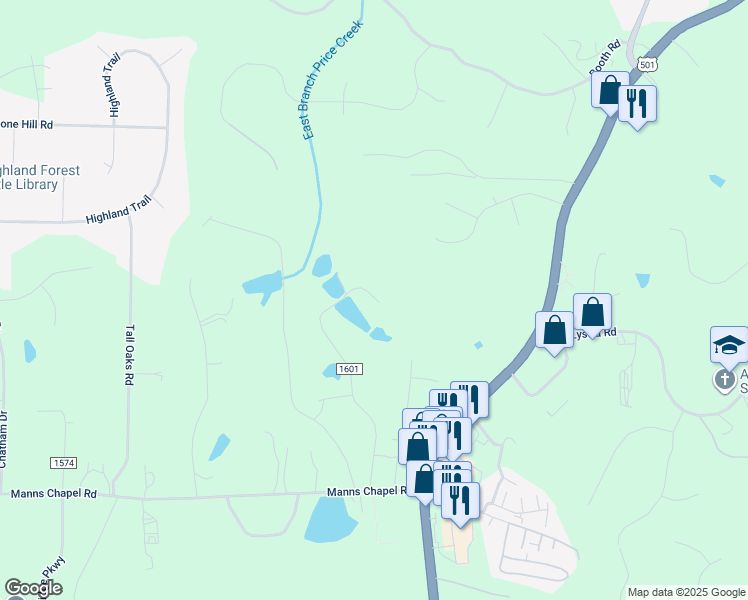 map of restaurants, bars, coffee shops, grocery stores, and more near 594 Cedar Lake Road in Chapel Hill