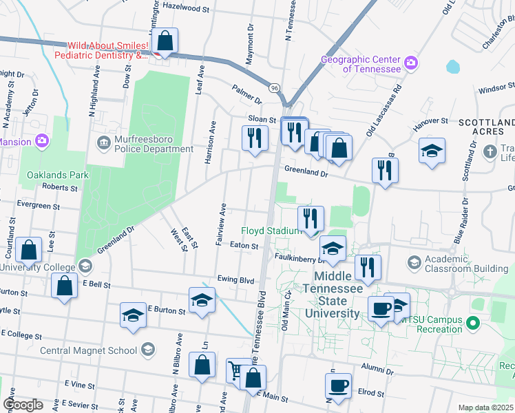 map of restaurants, bars, coffee shops, grocery stores, and more near 1107 Division Street in Murfreesboro