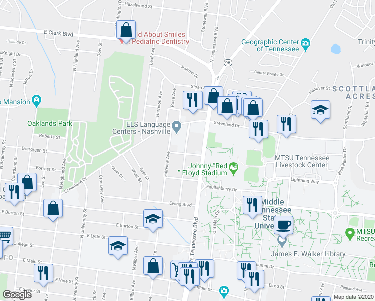 map of restaurants, bars, coffee shops, grocery stores, and more near 1107 Division Street in Murfreesboro