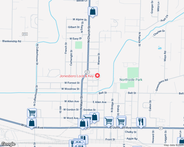 map of restaurants, bars, coffee shops, grocery stores, and more near 818 North Church Street in Jonesboro