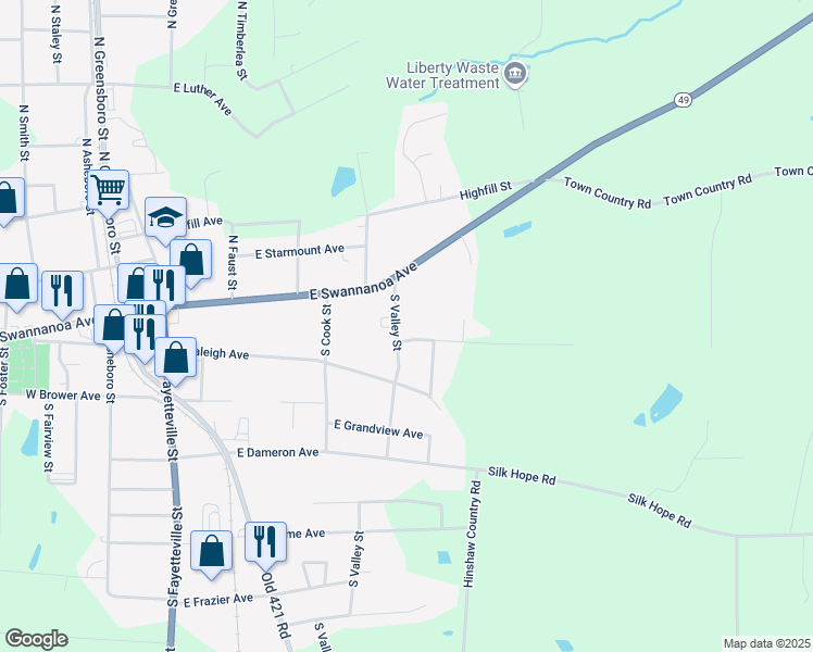 map of restaurants, bars, coffee shops, grocery stores, and more near 140S South Valley Street in Liberty