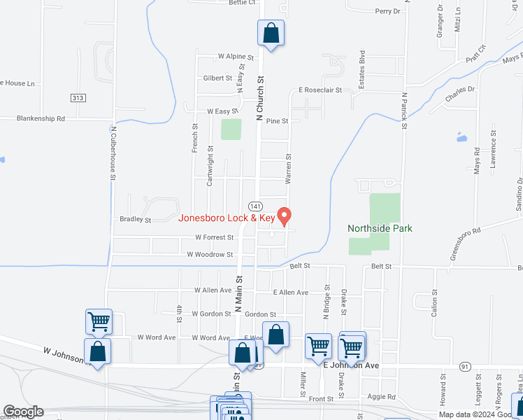 map of restaurants, bars, coffee shops, grocery stores, and more near 818 North Church Street in Jonesboro
