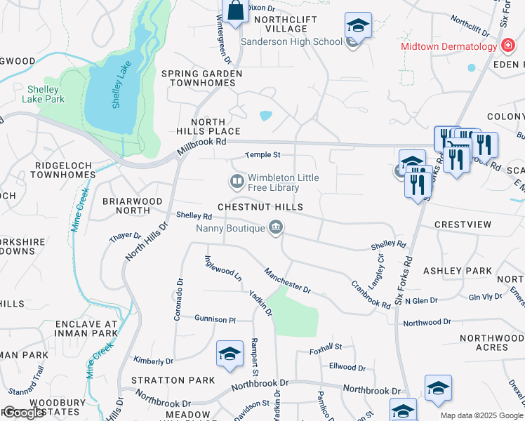 map of restaurants, bars, coffee shops, grocery stores, and more near 1041 Wimbleton Drive in Raleigh