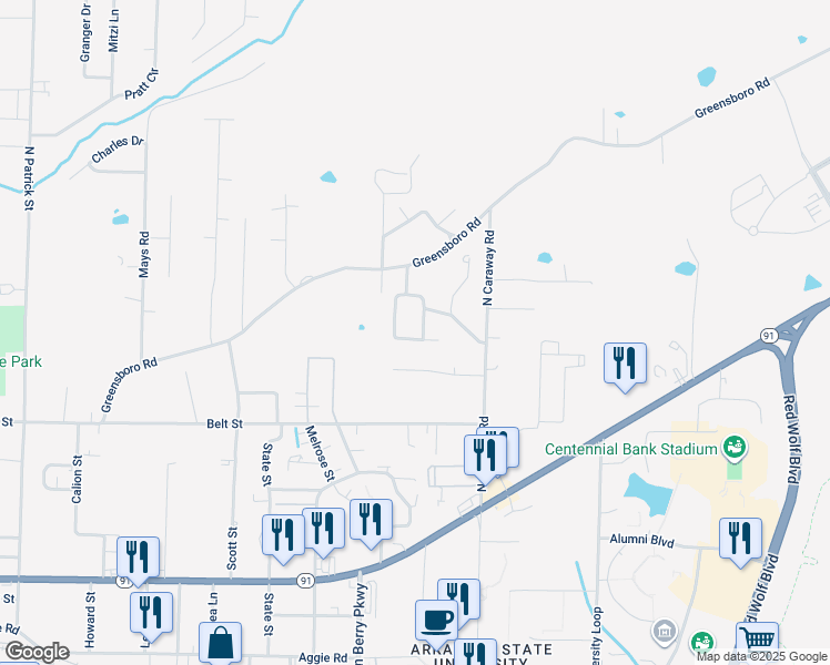 map of restaurants, bars, coffee shops, grocery stores, and more near 2006 Water Oak Drive in Jonesboro