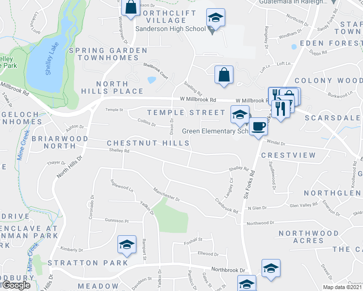 map of restaurants, bars, coffee shops, grocery stores, and more near 824 Wimbleton Drive in Raleigh
