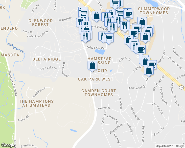 map of restaurants, bars, coffee shops, grocery stores, and more near 4134 Deep Hollow Drive in Raleigh