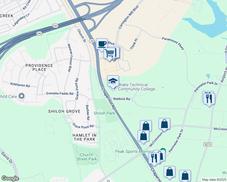 map of restaurants, bars, coffee shops, grocery stores, and more near 301 Watkins Road in Morrisville