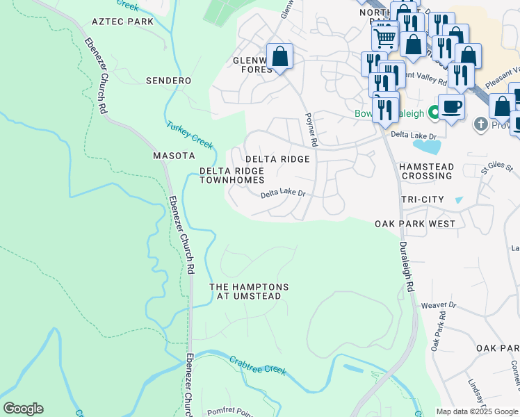 map of restaurants, bars, coffee shops, grocery stores, and more near 5441 Vista View Court in Raleigh
