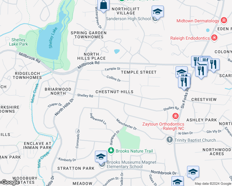 map of restaurants, bars, coffee shops, grocery stores, and more near 1041 Wimbleton Drive in Raleigh