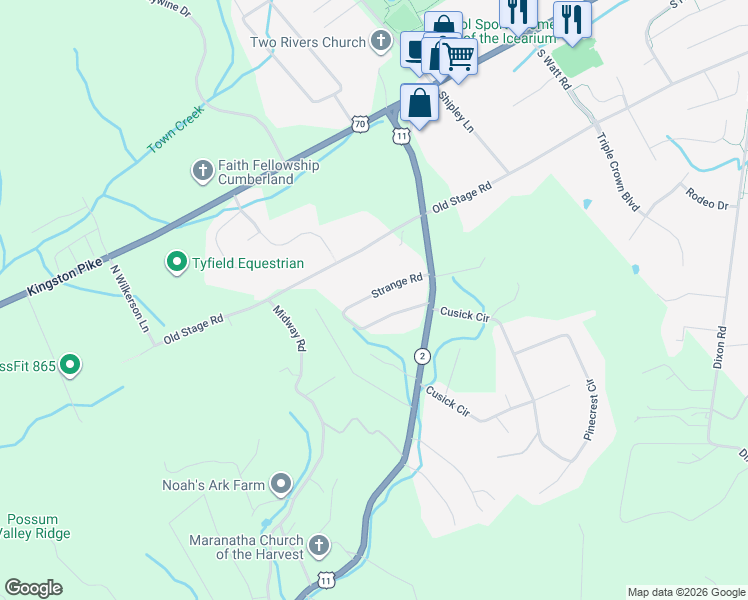 map of restaurants, bars, coffee shops, grocery stores, and more near 1242 Strange Road in Lenoir City