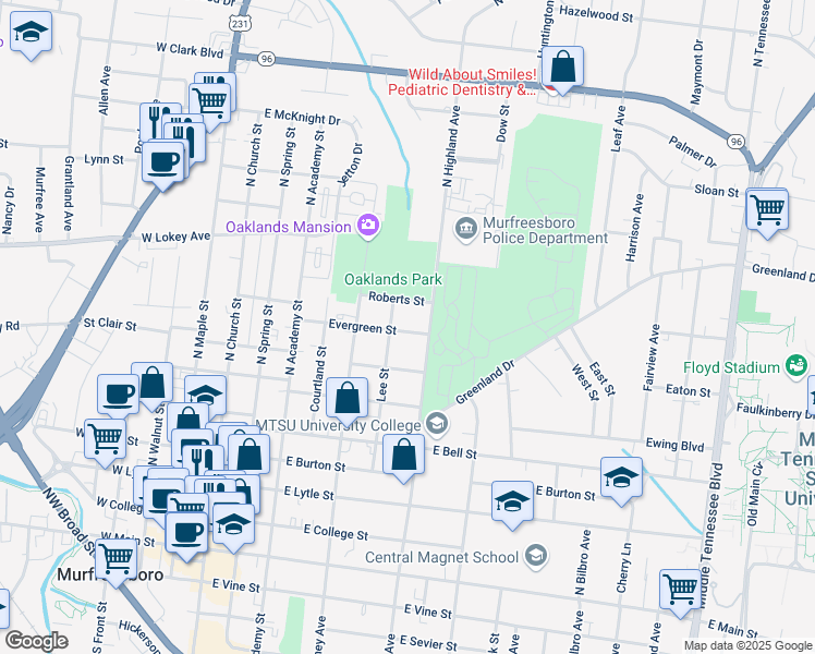 map of restaurants, bars, coffee shops, grocery stores, and more near 447 Evergreen Street in Murfreesboro