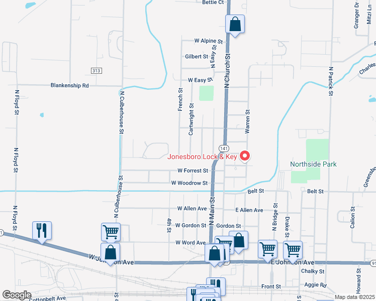 map of restaurants, bars, coffee shops, grocery stores, and more near 809 Cartwright Street in Jonesboro