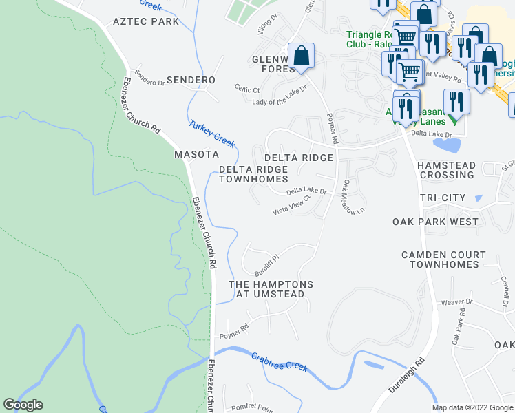 map of restaurants, bars, coffee shops, grocery stores, and more near 5454 Echo Ridge Road in Raleigh