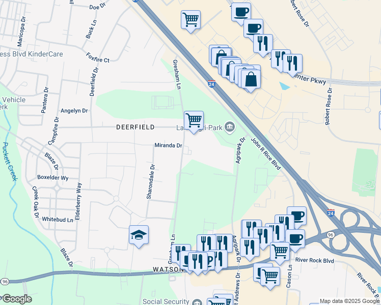 map of restaurants, bars, coffee shops, grocery stores, and more near 553 Agripark Drive in Murfreesboro