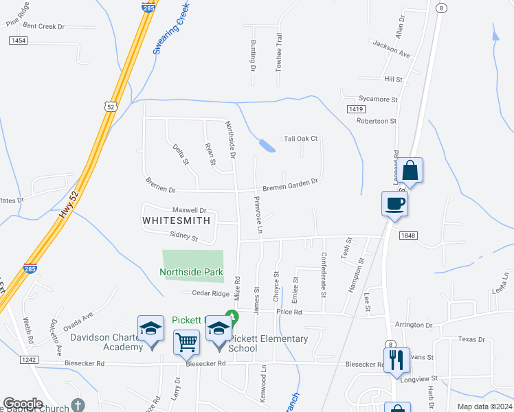 map of restaurants, bars, coffee shops, grocery stores, and more near 107 Primrose Lane in Lexington