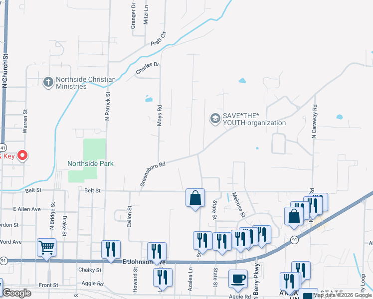 map of restaurants, bars, coffee shops, grocery stores, and more near 1600 Greensboro Road in Jonesboro