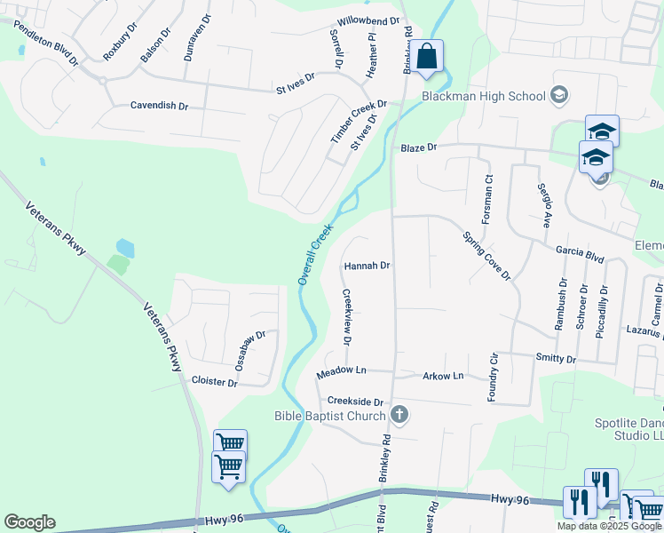 map of restaurants, bars, coffee shops, grocery stores, and more near 361 Creekview Drive in Murfreesboro