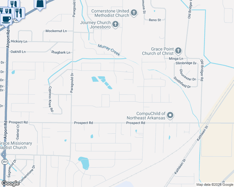 map of restaurants, bars, coffee shops, grocery stores, and more near 717 Victory Lane in Jonesboro