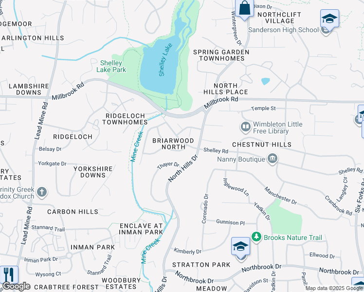 map of restaurants, bars, coffee shops, grocery stores, and more near 1506 Shadowood Lane in Raleigh