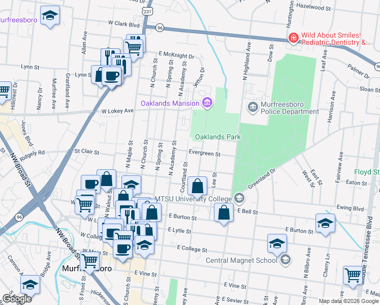 map of restaurants, bars, coffee shops, grocery stores, and more near 660 Courtland Street in Murfreesboro