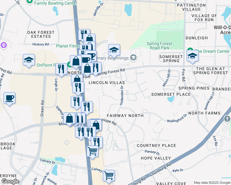 map of restaurants, bars, coffee shops, grocery stores, and more near 4907 Avenida Del Sol Drive in Raleigh