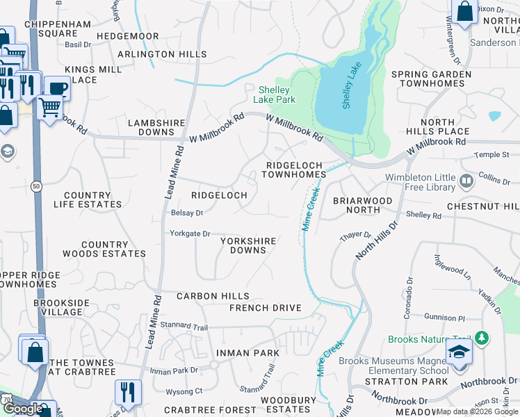 map of restaurants, bars, coffee shops, grocery stores, and more near 5400 Ridgeloch Place in Raleigh