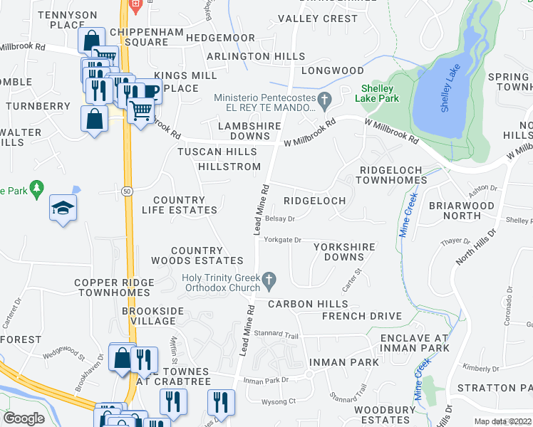 map of restaurants, bars, coffee shops, grocery stores, and more near 5301 Thaxton Place in Raleigh