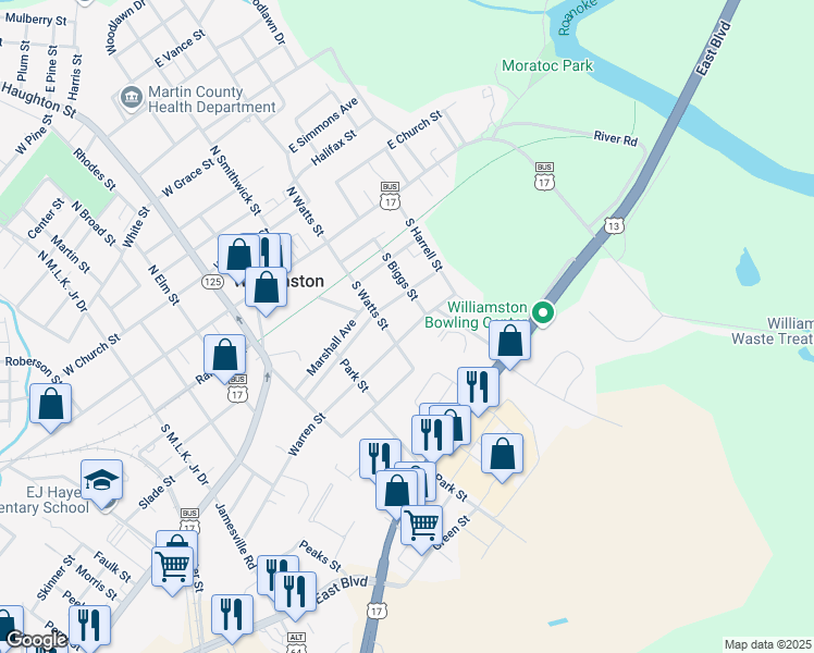 map of restaurants, bars, coffee shops, grocery stores, and more near 103 Hatton Street in Williamston