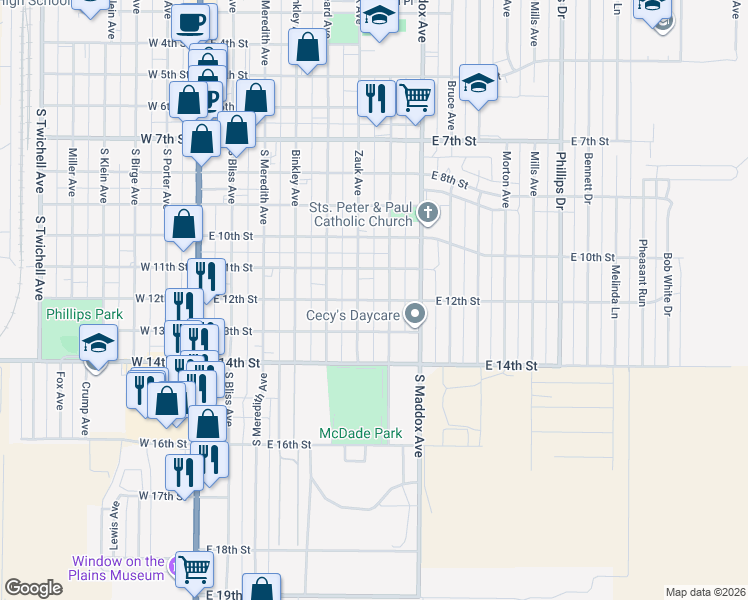 map of restaurants, bars, coffee shops, grocery stores, and more near 648 East 12th Street in Dumas