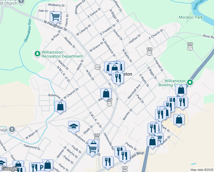 map of restaurants, bars, coffee shops, grocery stores, and more near 309 West Main Street in Williamston