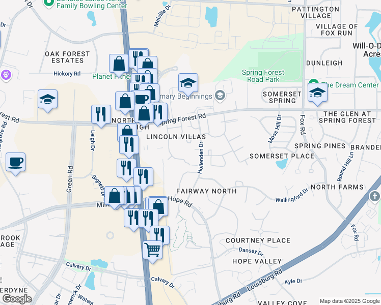 map of restaurants, bars, coffee shops, grocery stores, and more near 4911 Hollenden Drive in Raleigh