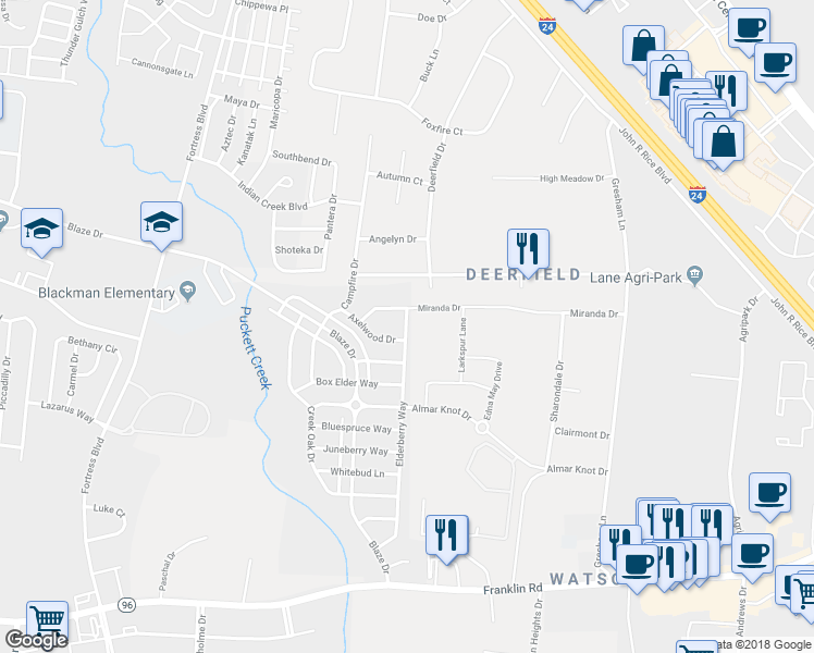map of restaurants, bars, coffee shops, grocery stores, and more near 710 Elderberry Way in Murfreesboro