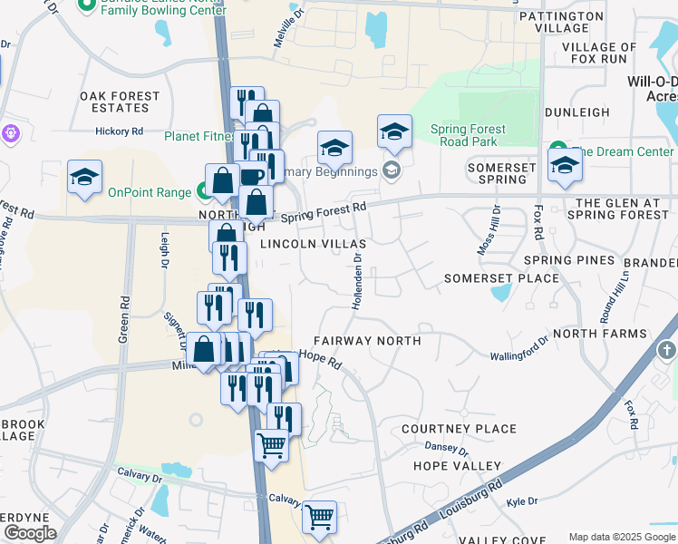 map of restaurants, bars, coffee shops, grocery stores, and more near 4911 Hollenden Drive in Raleigh