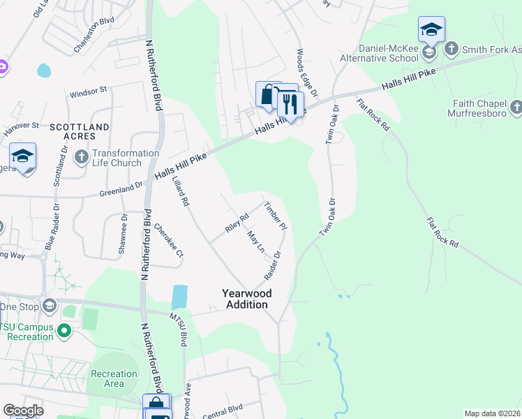 map of restaurants, bars, coffee shops, grocery stores, and more near 2222 Riley Road in Murfreesboro
