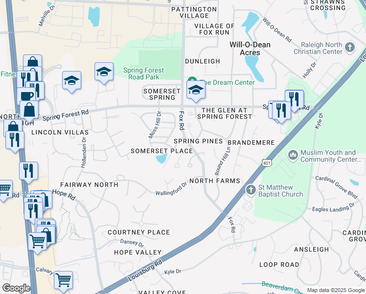 map of restaurants, bars, coffee shops, grocery stores, and more near 5345 Spring Pines Way in Raleigh