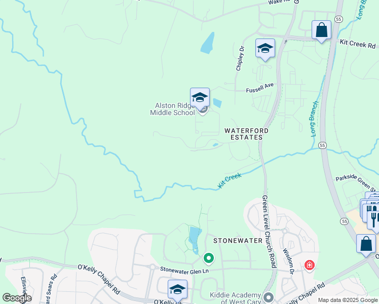map of restaurants, bars, coffee shops, grocery stores, and more near 211 Green Sage Path in Cary