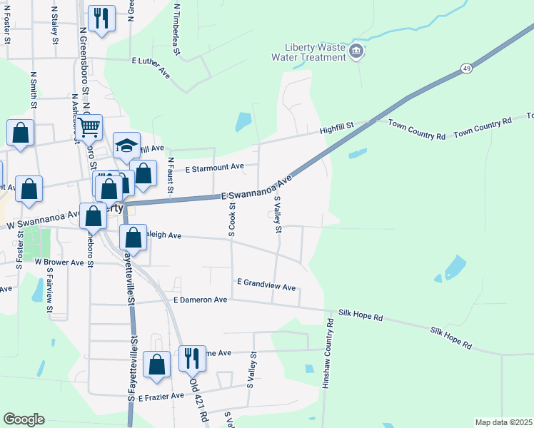 map of restaurants, bars, coffee shops, grocery stores, and more near 140S South Valley Street in Liberty