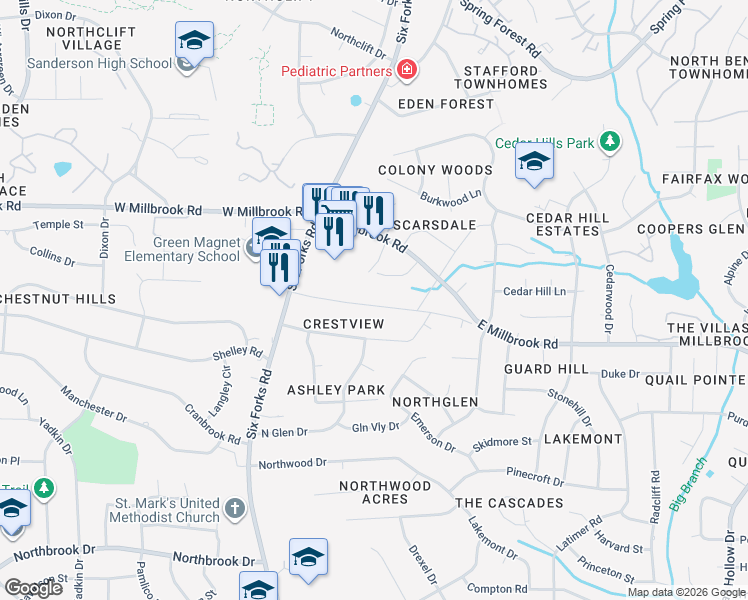 map of restaurants, bars, coffee shops, grocery stores, and more near 201 Windel Drive in Raleigh